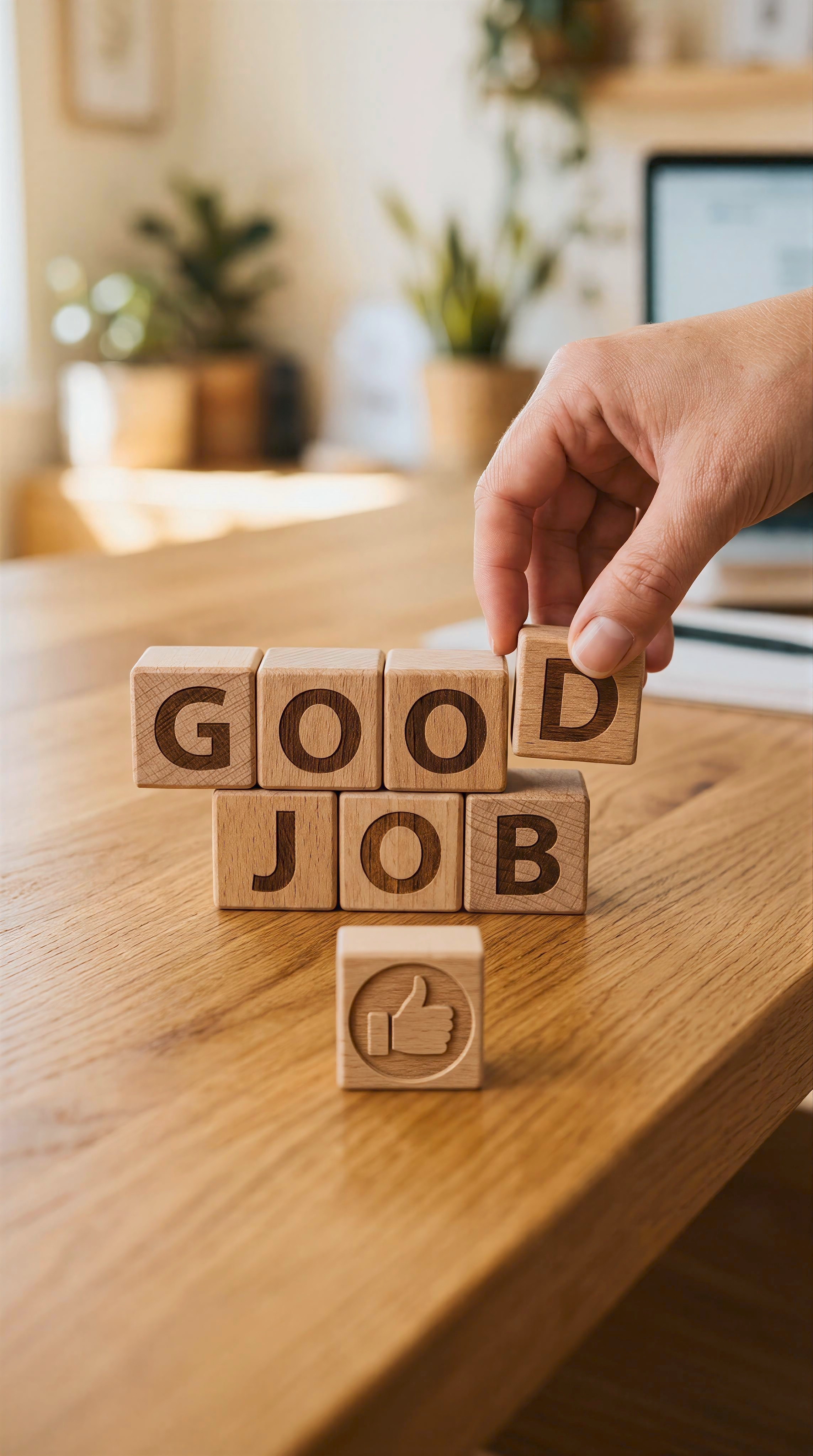 Hand places wooden thumbs-up block next to 'GOOD JOB' blocks on office desk for employee encouragement Hand places wooden thumbs-up block next to 'GOOD JOB' blocks on office desk for employee encouragement